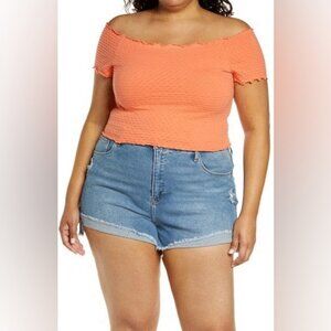 BP Plus Size Off The Shoulder Knit Crop Top Coral Camelia